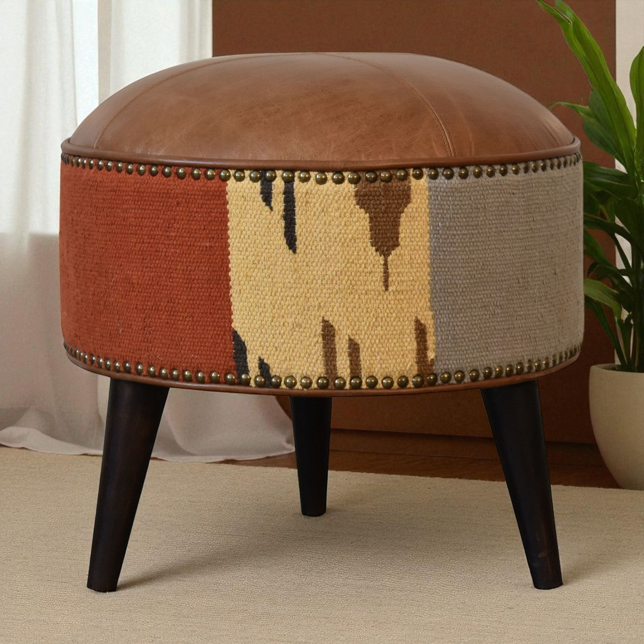 Durrie & Leather Mixed Footstool